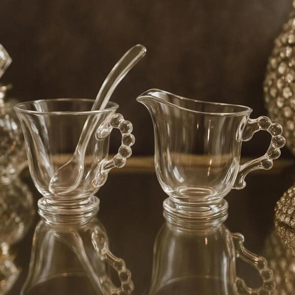 Vintage Imperial Glass Creamer & Sugar Bowl Set with Matching Ladle Clear Presse
